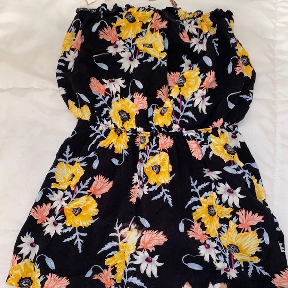 Black Yellow Floral Strapless Tube Romper, Date Night, Picnic - Picture 2 of 3